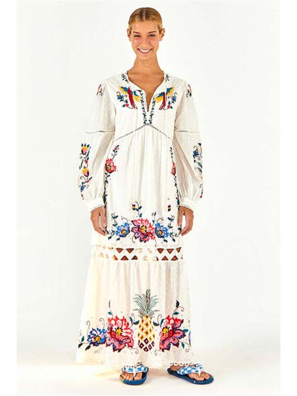 NWT FARM RIO Macaw Cross Stitch Embroidered Maxi Dress